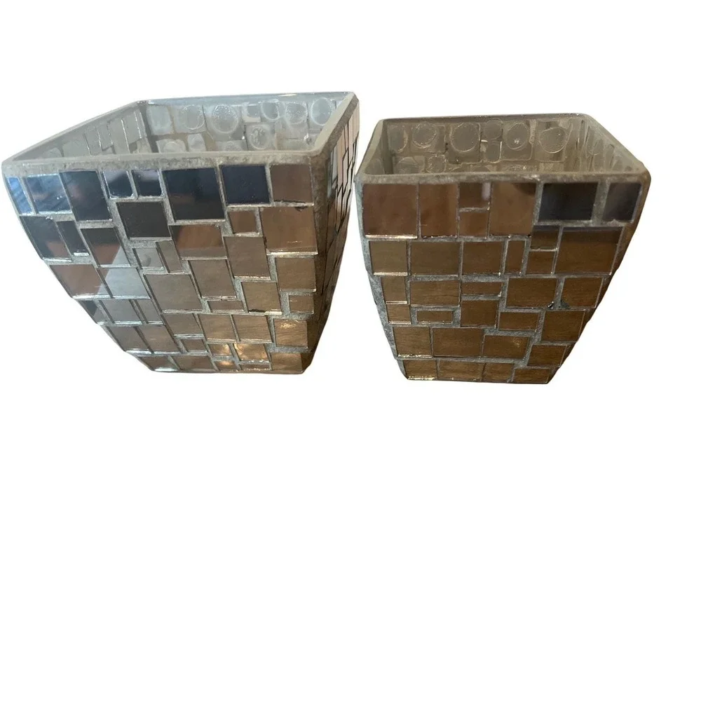 Mirrored Mosaic Candle Holders Vase Planter Set Silver Glam‎ Chic Decor Vintage